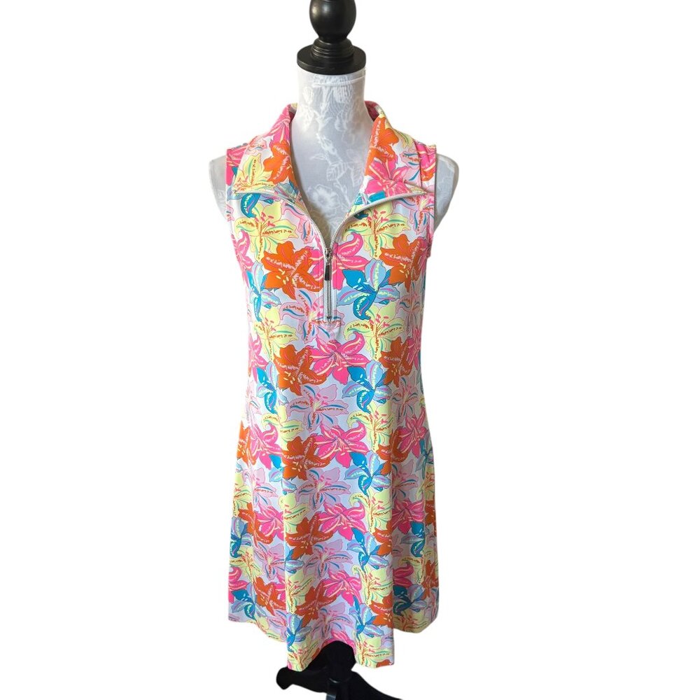 Lulu-B Womens Colorful Dress Hibiscus Print Golf Athletic Stretchy Size Small